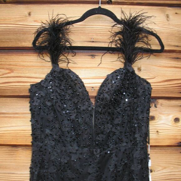 MAC DUGGAL 20889 Womens Black Sheer Applique Bustier Gown with Feather Straps - Picture 7 of 14